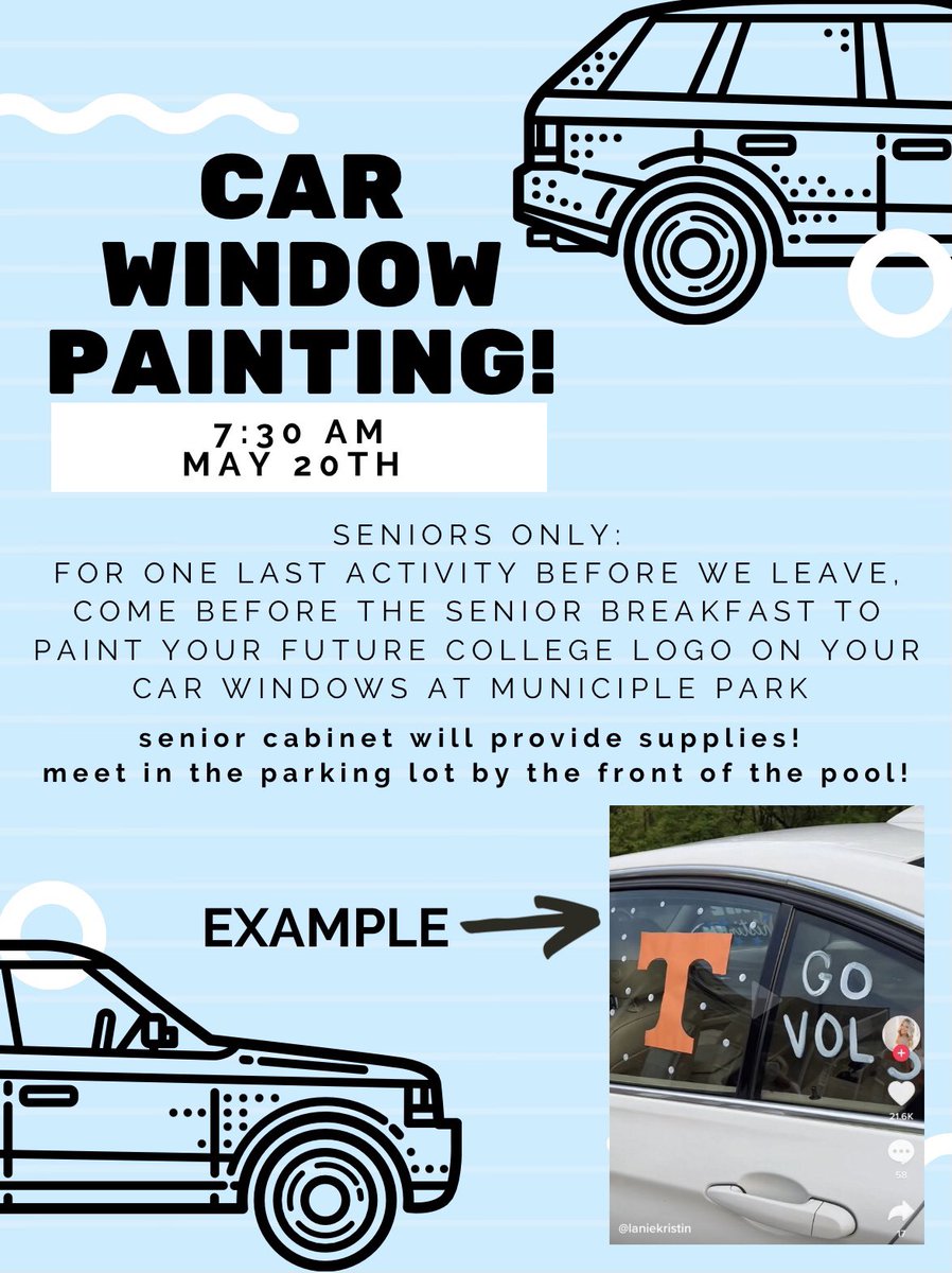 DarbyFans's tweet photo. SENIORS!!! We have another fun activity for you!!!! Come paint the logo of your future college on your car window before heading to the senior breakfast on Friday! https://t.co/f2lLqfV1aS
