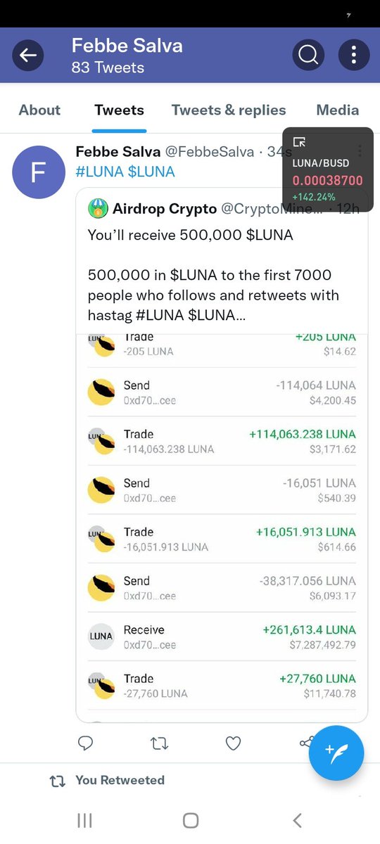 FebbeSalva's tweet photo. @CryptoMineTab terra1ncjg4a59x2pgvqy9qjyqprlj8lrwshm0wleht5 https://t.co/uwCQW0aWq4