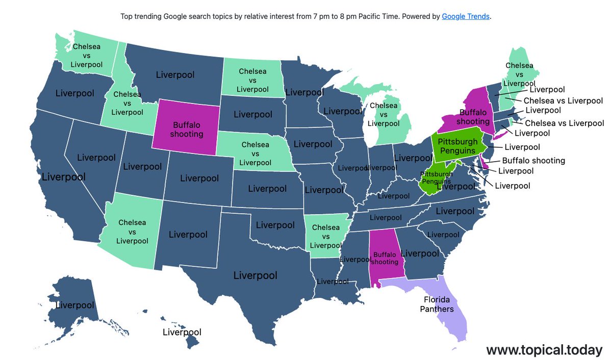 Top Google Trends in the United States by relative interest in each state over the last hour. #Buffaloshooting #Liverpool #PittsburghPenguins #ChelseavsLiverpool #FloridaPanthers Live map at https://t.co/3Fz1e2iXth https://t.co/FdIE1Wnt8S