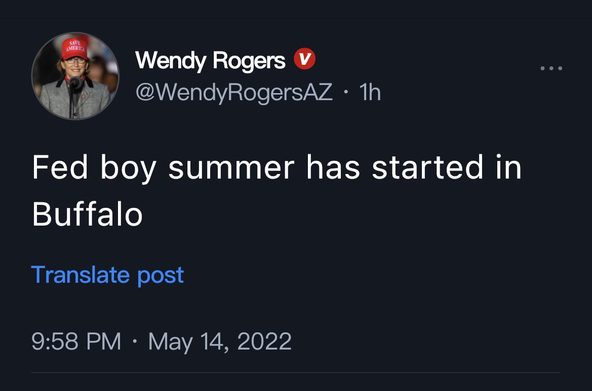 RonFilipkowski's tweet photo. AZ State Senator Wendy Rogers is saying that the Buffalo mass murder was a false flag operation by the FBI. She must be removed from office immediately. The AZ GOP is a damn disgrace. https://t.co/X0pYKLELLu
