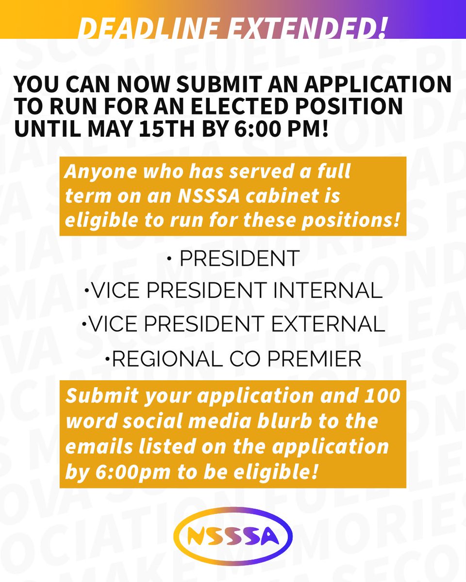 NSSSA's tweet image. Hey NSSSA! Applications to run for the positions of President, Vice President External, Vice President Internal, and Regional Co-Premier for the 2022-2023 year are open! Have them submitted no later than 6:00PM on May 15th. 

Email nsssapresident@gmail.com with any questions!