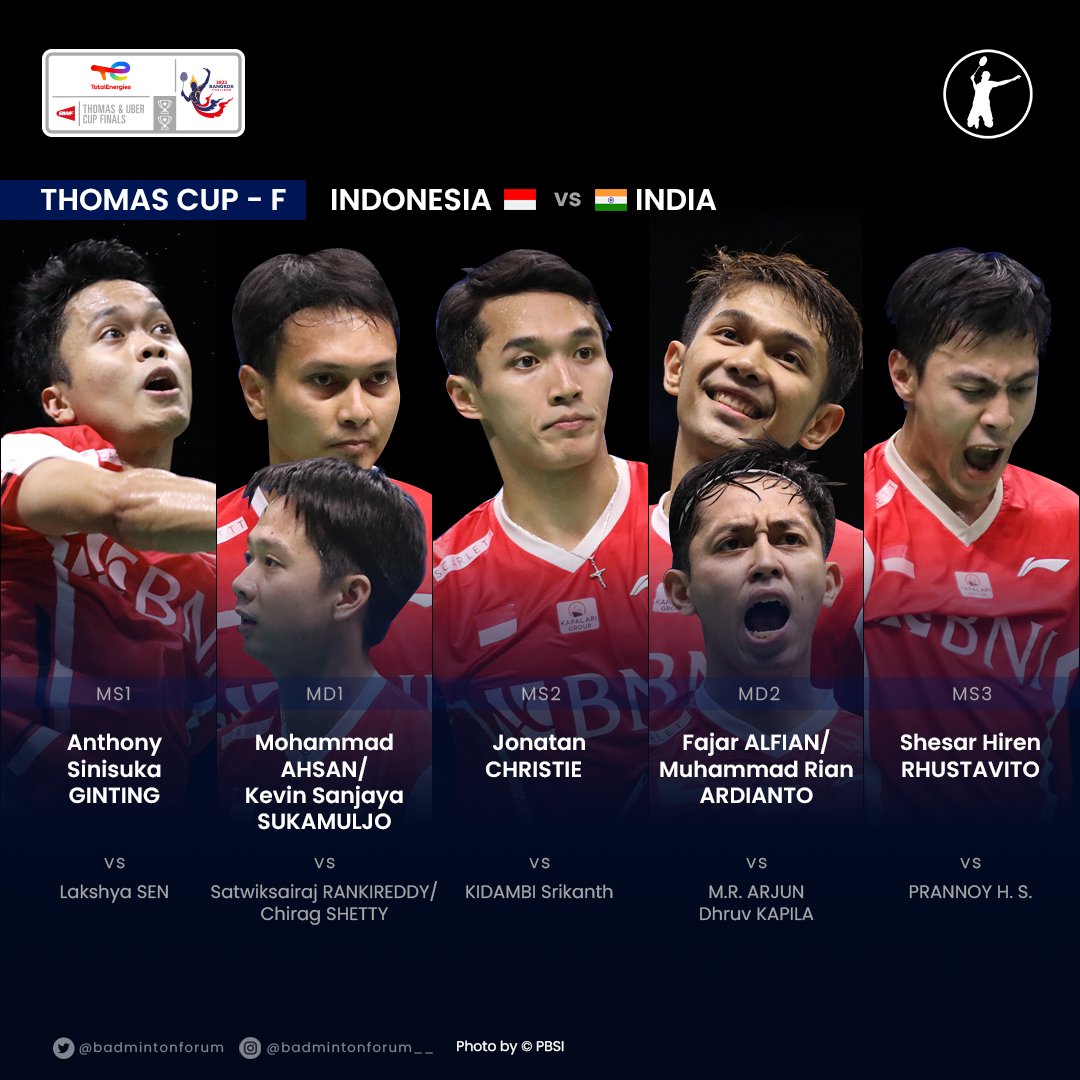 FINAL IS HERE!
Kekuatan penuh Indonesia siap menghadapi India. Semangat kalian para pejuang thomas cup. Pertahankan tropi. Kita yakin Indonesia Juara! #ThomasCup2022 #Indonesia