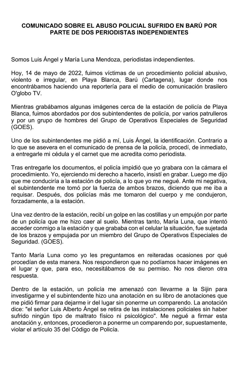 Geraldbermudez_'s tweet photo. Comunicado de los periodistas @LunaMendoza_17 @langelsaav en donde dejan en evidencia el abuso y maltrato de la @PoliciaColombia hoy en Barú cuando los detuvieron de manera irregular y violaron el artículo 20 de la Constitución. https://t.co/oD7TJLEghl