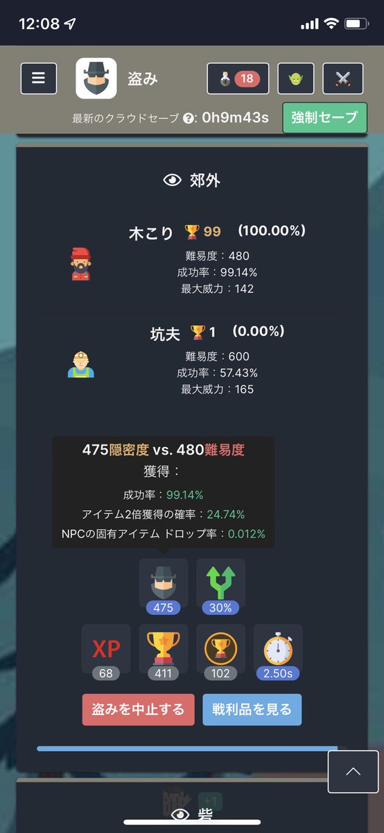 satorumpen's tweet photo. 盗みは隠密度上げるために先にチェックポイント取る戦略で、成功率100%付近を狙って熟練レベル枠95%まで上げてからスキル経験値上げる作戦。アイテム目的で他を味見しつつ下町の女を経て木こりに落ち着いた。レベル枠83%まで来たのでもう少しここで修行 #melvoridle https://t.co/TOU0pYj7hY