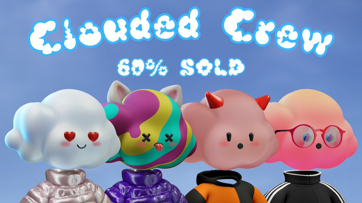 CloudedCrew's tweet photo. 60% of the collection is SOLD! πΆβπ«οΈ
Only 10% / 333 NFTs of the FREE supply remains until price increase (0.0333 ETH) for the final 1000 in the collection β³
Get in while you can, Crewπ€
#cloudedcrew #cloudverse https://t.co/qMY6B1AjcG