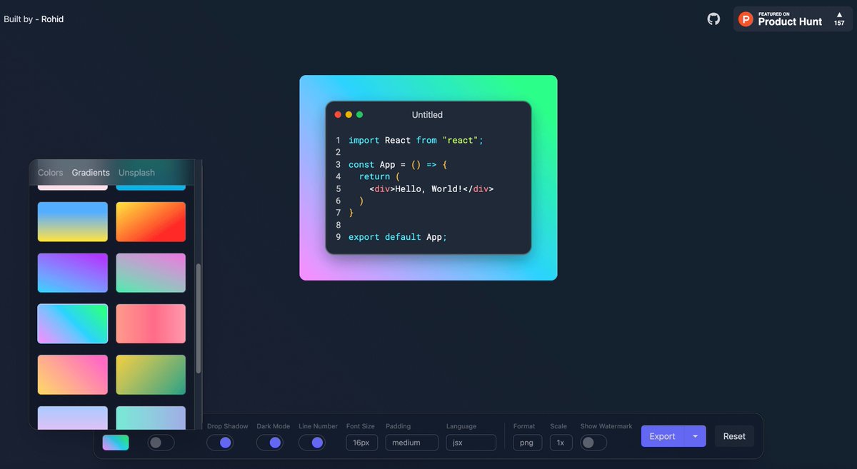Larry_LiDev's tweet image. 又一个可以为你的代码创建漂亮图像的工具Code to Image,它内置了很多漂亮的背景色、渐变色和图案, 可以调整背景投影、字体大小、暗黑模式等参数,也是一个免费的开源工具,支持导出PNG、JPG、SVG格式。
地址:codetoimg.com