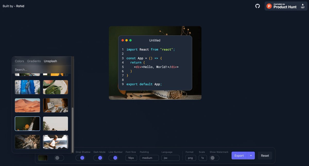 Larry_LiDev's tweet image. 又一个可以为你的代码创建漂亮图像的工具Code to Image,它内置了很多漂亮的背景色、渐变色和图案, 可以调整背景投影、字体大小、暗黑模式等参数,也是一个免费的开源工具,支持导出PNG、JPG、SVG格式。
地址:codetoimg.com