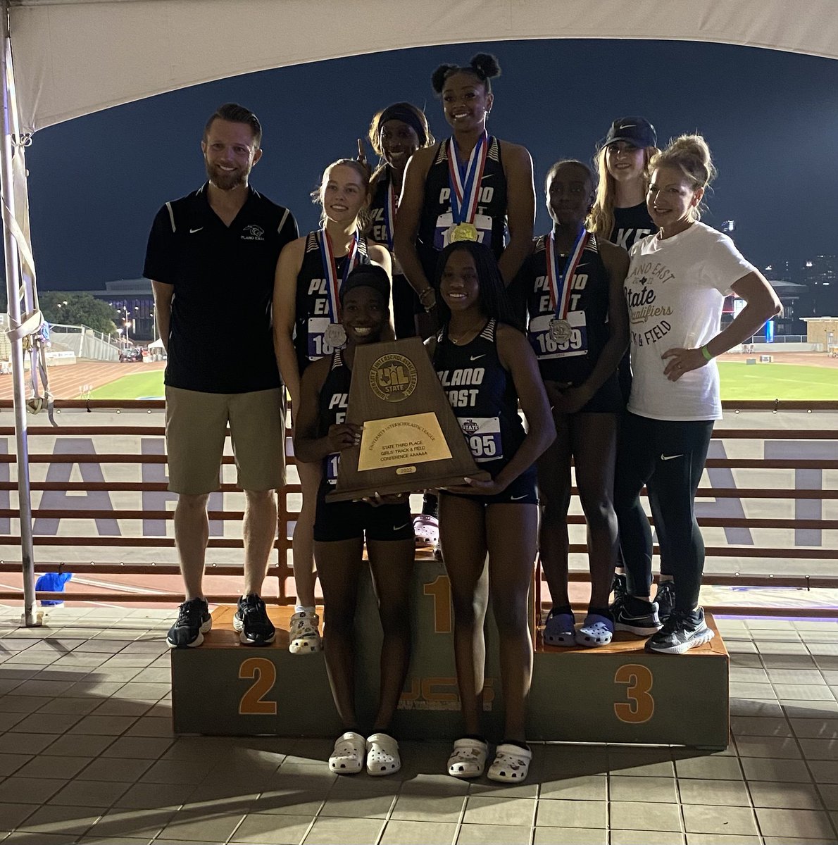 CoachReedXCTF's tweet photo. Plano East Girl’s Track &amp; Field place 3rd at state meet!!! Kaylee Moody, Janiya Richardson, Kaley Qualls and Tiriah Kelley scored 36 points between the four of them! The vans will be heavier on the way home! @EastPanthers1 @DMNGregRiddle @MurphyMonitor @starlocalmedia https://t.co/LlcyLlrinr
