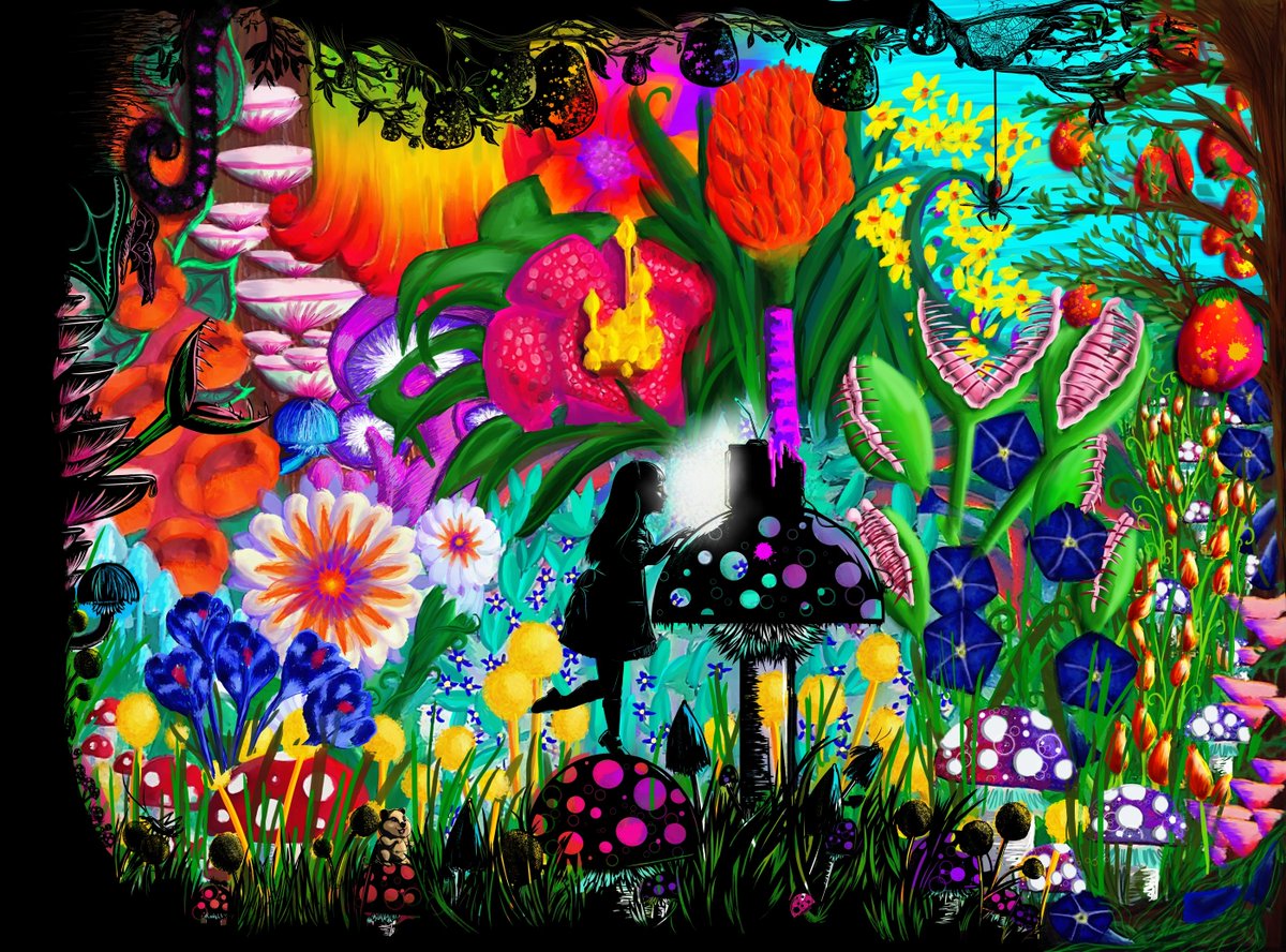 mako_highflyer's tweet photo. Here it is... my final submission for the @fewocious X @saveartspace comp. 

'I, Wonder (Redux)' (2022)

10+ years in the making, started as acrylic on canvas, now digitally reworked. Depicts the chaotic wonderland within my neurodivergent mind and my relationship with focus. https://t.co/MdtHsJo8cx