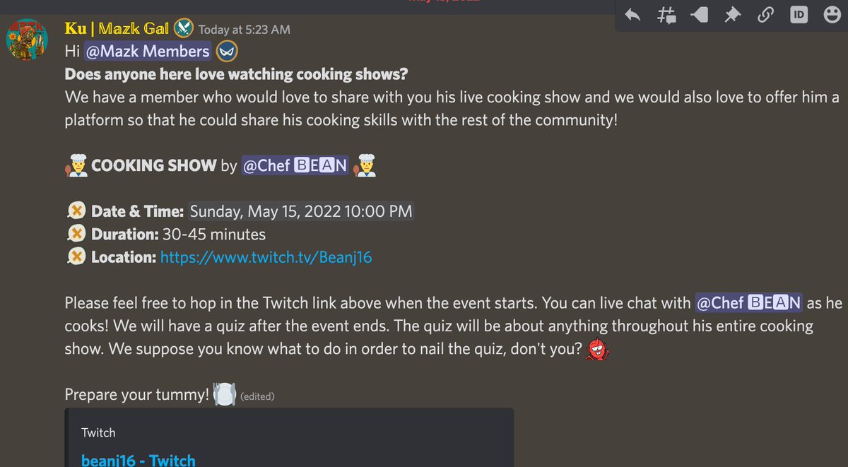 AUI | Mazk Gang (@deepsoulsnft) on Twitter photo COOKING SHOW  !!!๐จโ๐ณ 
Joining <a href="/Mazkgang/">๐๐๐๐ ๐๐๐๐ ๐น</a> ๐๐น
Discord : discord.com/invite/mazkgang
yum yum yum ๐ see you around Mazk!! COOKING SHOW  !!!๐จโ๐ณ 
Joining <a href="/Mazkgang/">๐๐๐๐ ๐๐๐๐ ๐น</a> ๐๐น
Discord : discord.com/invite/mazkgang
yum yum yum ๐ see you around Mazk!!