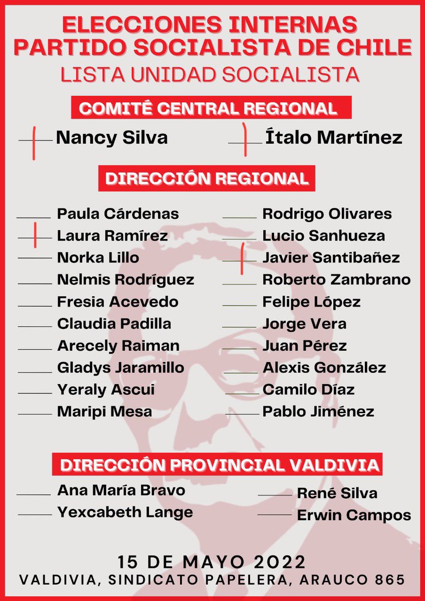 rocioarayag's tweet photo. ♦️Mañana todxs lxs socialistas de Allende a votar en #internasPS #EleccionesPS2022. Voy al Comite Central Nacional x @fspollarolo y @diputadonaranjo, Comite Central Regional @Italoenterreno y @HermindaNancy, en el Regional por @laura_licarayen y @Javisantilex ✊🏼#ValdiviaCL https://t.co/C2tYKfkrlp