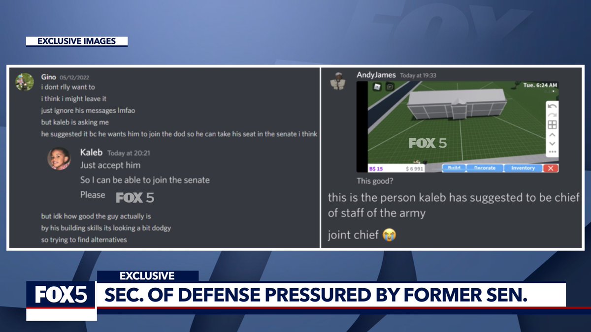 #FOX5Exclusive: Former Senator <a href="/BUSA_KalebW/">unknown</a> pressures Secretary of Defense to nominate Andy James for a Joint Chiefs of Staff position so that in return, Wright could get the vacant senate seat.

Stay with FOX 5 News for continuing coverage.