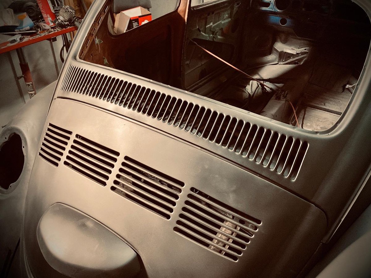 thebugnut's tweet photo. The louvers are done on the rear fresh air intake. All the old paint was stripped off and the bare metal coated with some flat black paint for the in-term.
#super71 #thebugnut #vwbeetle #vwbug #superbeetle https://t.co/3tiJNMvFFI