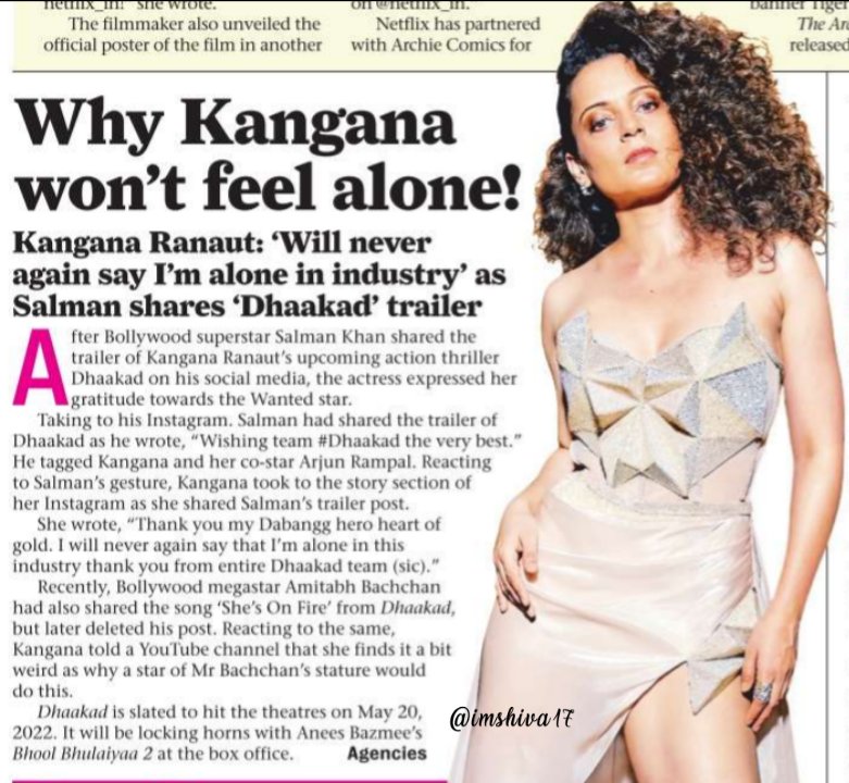 #SalmanKhan presents return 
 gift to #Kangana by 
sharing #DhaakadTrailer 

#KanganaRanaut : 'Will never again
  say I'm alone in industry' as
#Salman shares #Dhaakad trailer