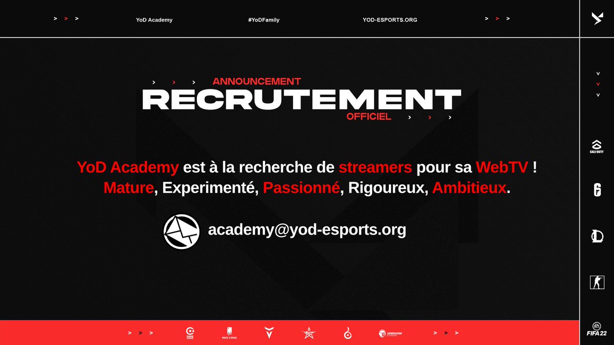 YoD_Academy's tweet photo. 📺🔴[#WebTV]

🆕 YoD Academy© est à la recherche de #Streamers pour son projet de WebTV #Multigaming !
-

☄ Vous êtes passionné et ambitieux ?
🤔 Notre équipe étudie tous les jours vos candidatures !
-

✉ Postulez via e-mail à :
➡ academy@yod-esports.org

#YoDFamily ⚡ https://t.co/kKP7jtKn62