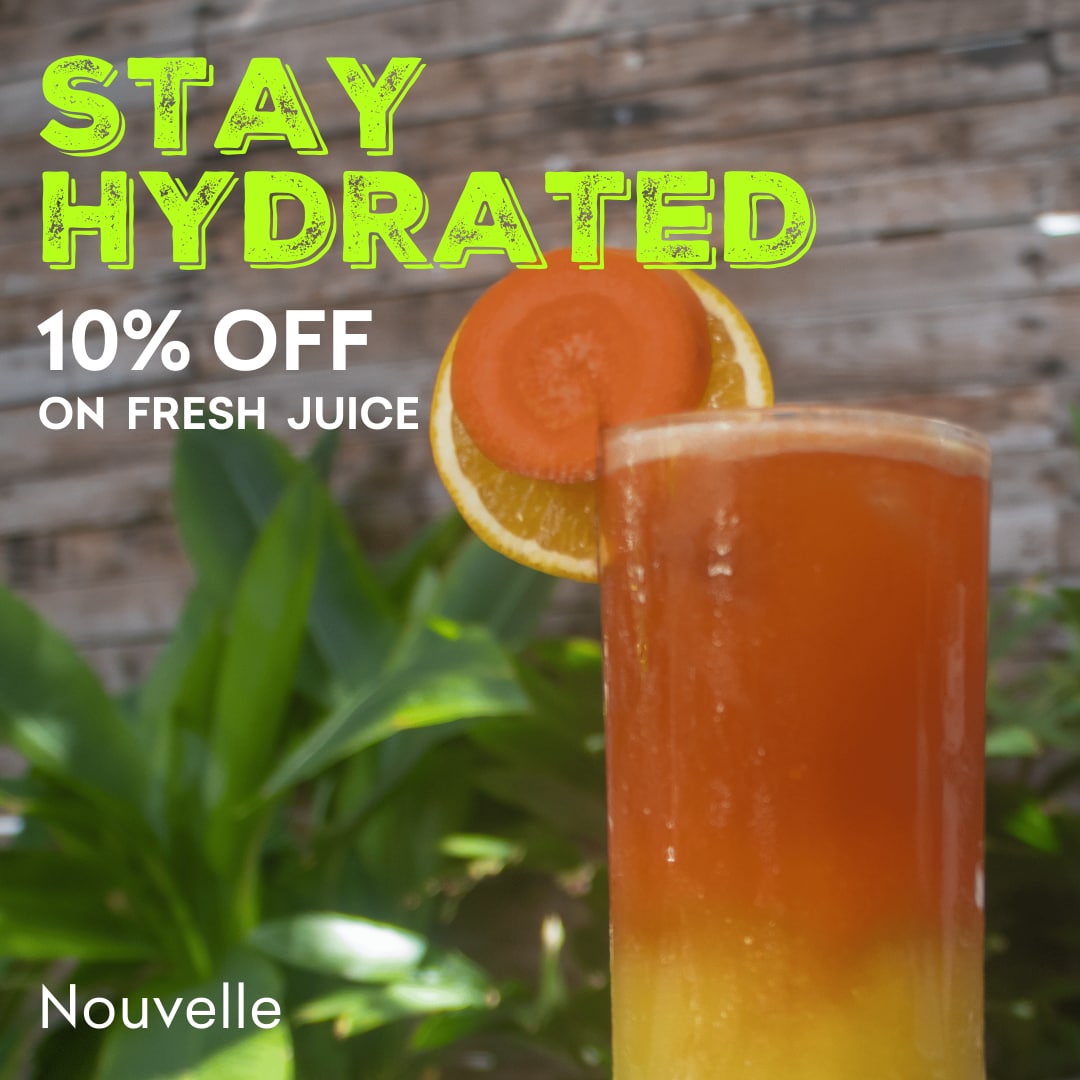 10% off on all fresh Juices. Stay hydrated with a fresh juice. 
#stayhydrated #freshjuices #nouvellemv #maldives #promotion