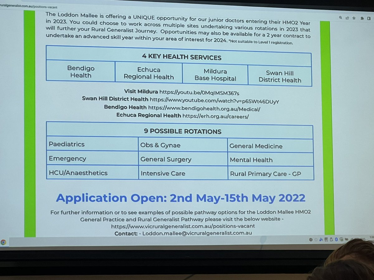 robphair's tweet photo. Discussing the Loddon Mallee pilot @VicRGProgram HMO year

Selection is a core issue - we all agree that some sought after rotations eg paediatrics must go to HMOs with genuine rural practice intent

#VRHC22 @RuralDocsVIC https://t.co/hPj3llez3J