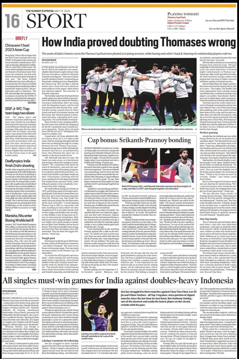 mihirsv's tweet photo. We've a full page dedicated to India's historic #ThomasCup run. #MustRead ahead of final. Shivani Naik on:
1. On high-intensity training &amp; tight bonding among players:
https://t.co/QxFtHTtIKg
2. The need to win all singles ties vs doubles-heavy #Indonesia:
https://t.co/kguwsQc47J https://t.co/8B6tsHxZdS