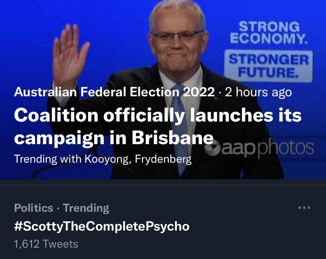 Ruavel's tweet image. Oh Twitter, the juxtaposition is perfect. So great to PM Skidmark getting the recognition he deserves. #ScottyTheCompletePsycho