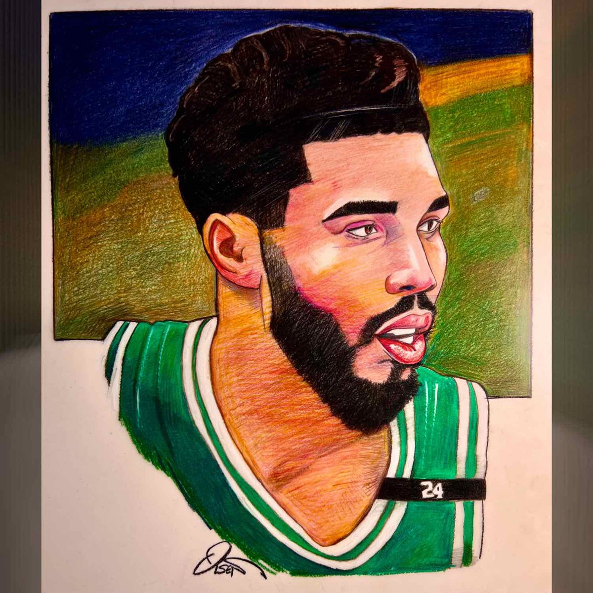 DaveOlsenArt's tweet photo. Game 7 weekend continues today at 3:30, Bucks at Celtics, my drawing for today’s big game! #BleedGreen #Nbaceltics #daveolsenart https://t.co/51EJrjOmnj