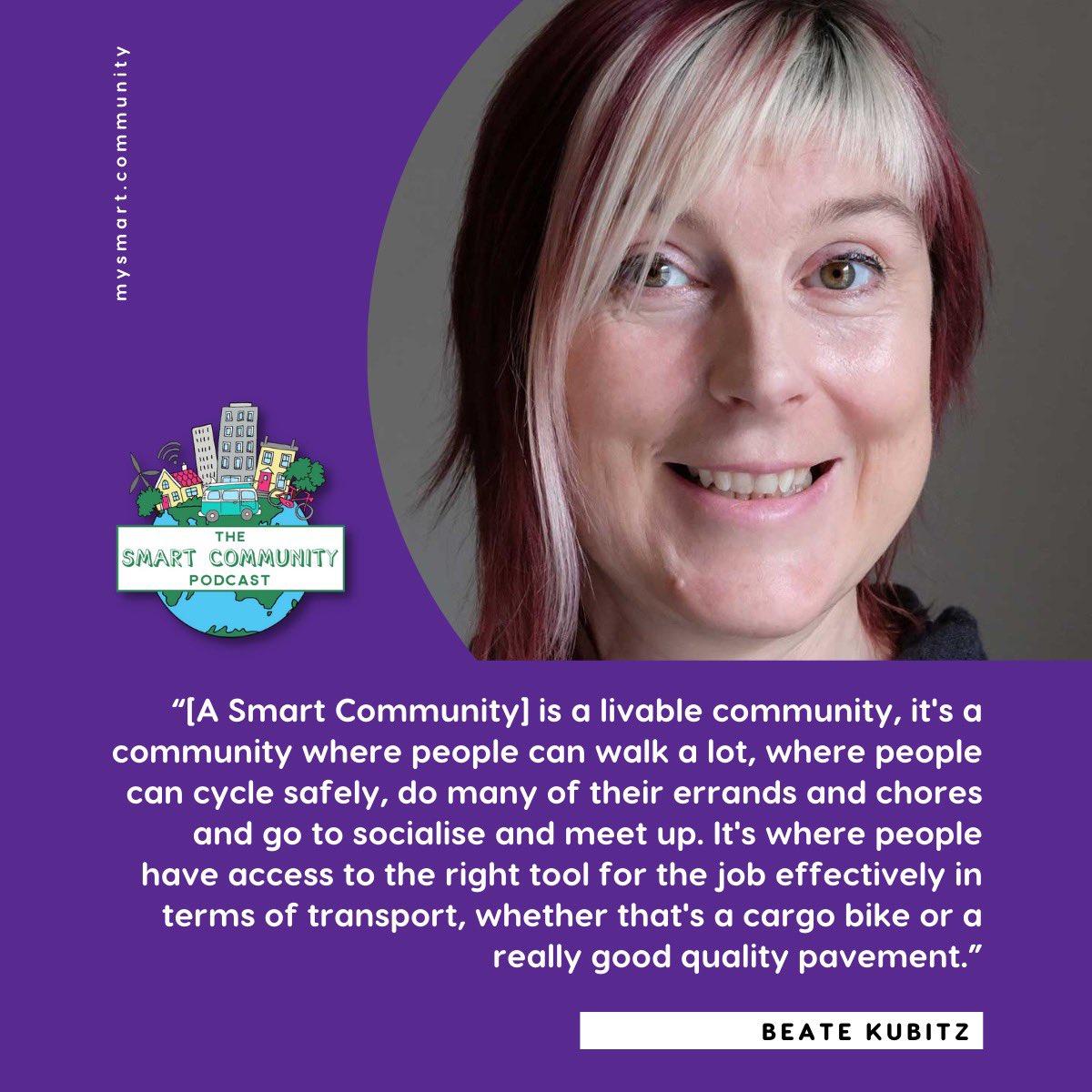 SmartCommHQ's tweet photo. What is a Smart Community to @BeateKubitz? 💚
She tells us her thoughts on our podcast out tomorrow at 5am AEST.
She chats to @SmartCommZoe about the importance of inclusivity and of course transport for #MobilityMay. Listen on all good podcast apps and https://t.co/M2JtfFeAvJ https://t.co/qkH61Wc7h9