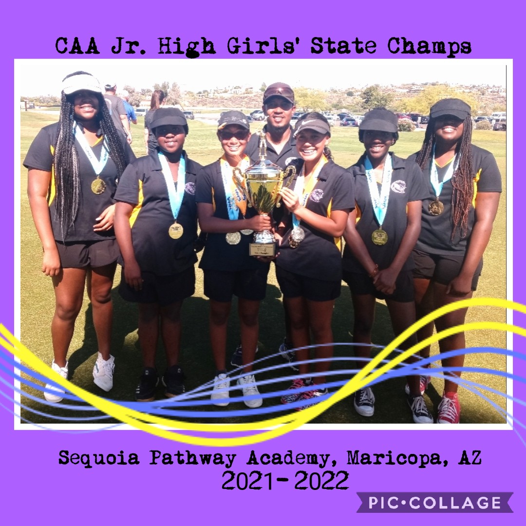 LoveAtAllTimes5's tweet photo. Sequoia Pathway Academy, Maricopa Jr.High Golf had a great season. In 100 degree temp, 9-holes, Lady Pumas DID.NOT.GIVE.UP!They fought to the end. They took Central AZ 1st place State CAA Jr. High Golf Division I-II Championship 2022. #Respect #PumaPride https://t.co/zH0u9xdahS