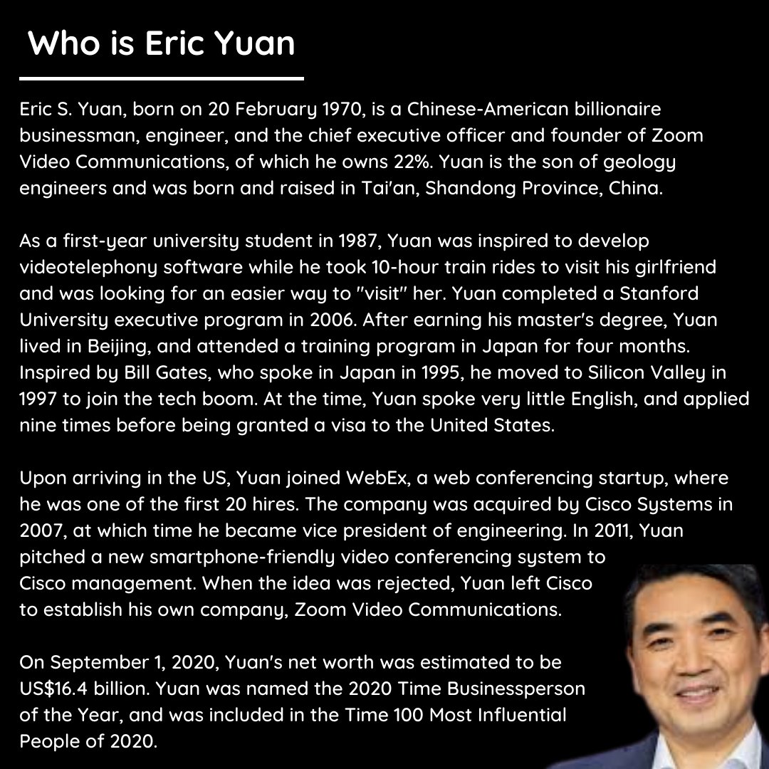 SfeOrg's tweet photo. Zoom has become a household name across the world and the story of Eric Yuan is nothing short of inspirational. 

Follow us for all things entrepreneurship.

#startups #startup #entrepreneur #entrepreneurship #ericyuan #zoom #motivational #inspiration #history #quote #books #sfe https://t.co/ckWgAHbrnZ