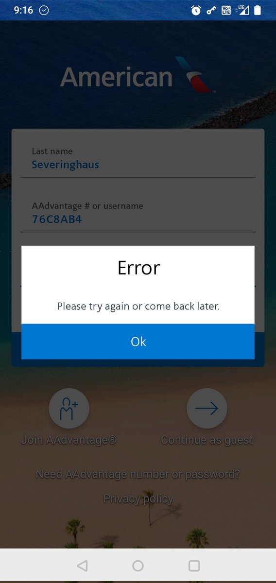 LukasSev's tweet photo. @ThisIsKeira @AmericanAir I'm getting the same error message https://t.co/5wER2xzh22