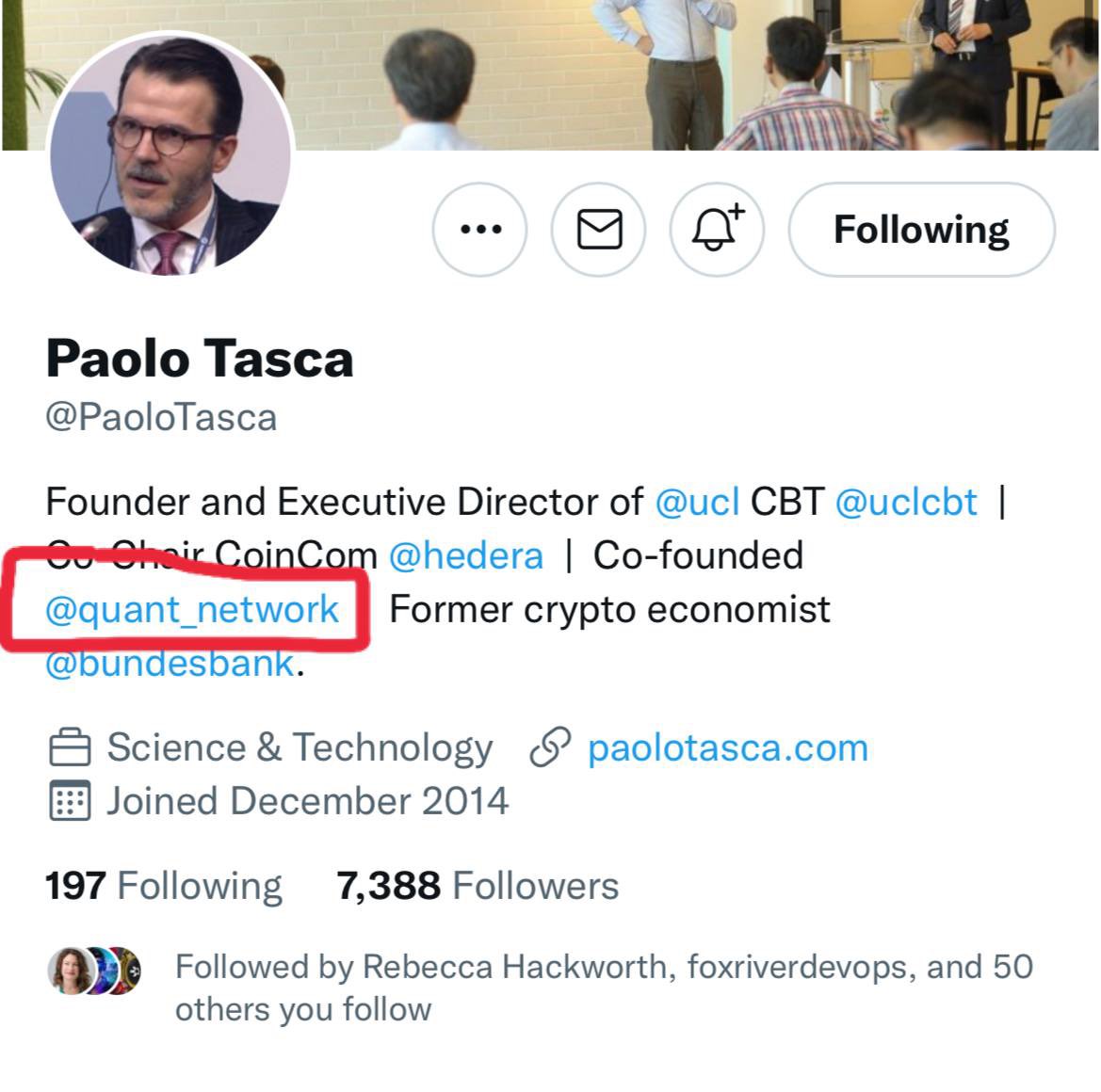 Fun fact for the $HBAR fans, did you know co-founder of $QNT Paolo Tasca sits on the Hedera council?

Note before any speculation: don’t suggest anything by it, just a fun fact!