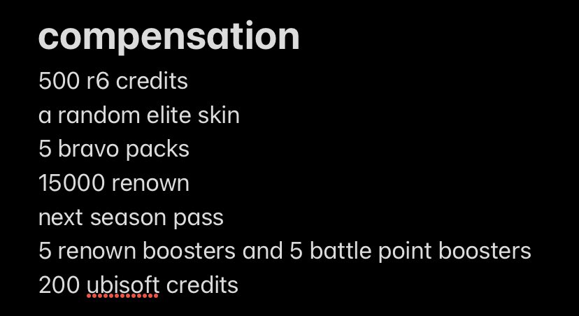 _day_trip's tweet photo. @UbisoftSupport i believe for the the time we had to wait for you to acknowledge that the servers were down, we deserve some sort of compensation. i would like to request some sort of compensation for me and my fellow players, here is a list of fair and reasonable ideas. https://t.co/KX9G7RAseq