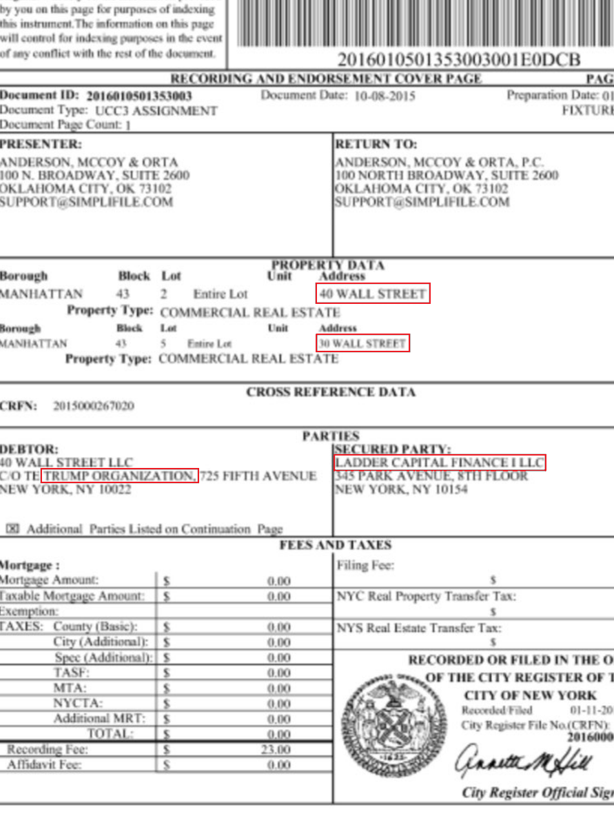 codyave's tweet photo. WOUTER:
30 Wall 8th floor [Millian's RACC] is virtual office space.  Setting that aside, why does ACRIS show a 2016 obligation by Trump Org (secured by Ladder Capital Finance) for 40 Wall... and 30 Wall?

STACY:
Trump has a loan associated with 30 Wall Street?

WOUTER:
Has?  Had? https://t.co/LH5dNfViR9