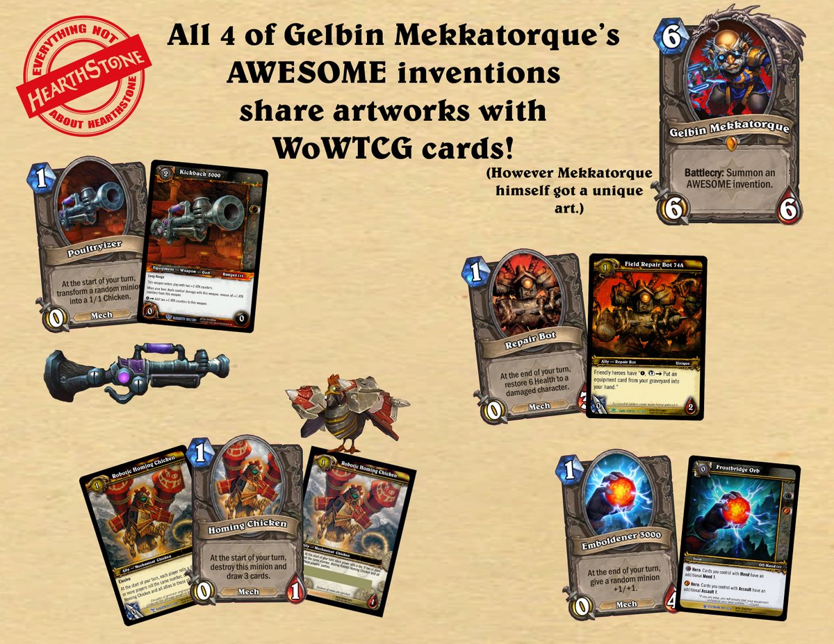 All four of Gelbin Mekkatorque's Awesome Inventions share artworks with WoWTCG cards. However, Mekkatorque himself got a unique art.
Poltryizer and the Kickback 5000 share an art. The Homing Chicken was a loot card in the WoWTCG which gave you a Rocket Chicken companion, which is now a usable battle pet. The Repair Bot and the Field Repair Bot 75A share an art. The Emboldener 3000 and Frostbridge Orb share an art.