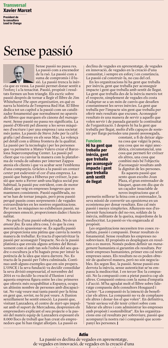 XavierMarcet's tweet photo. Sense passió no passa res

Les empreses necessitem resultats per sobreviure, passió per derrotar les pròpies inèrcies i compassió (empatia + acció) per acompanyar a les persones. Avui a @LaVanguardia https://t.co/3QZlybnshn