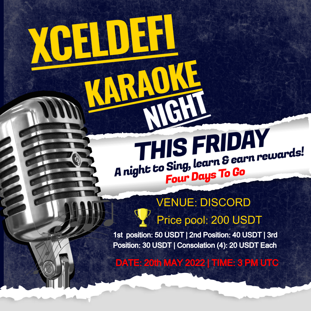 XcelPay_XLD's tweet photo. 🚨REMINDER🚨

💥Join us this Friday at XcelDefi Karaoke night on Discord
✨A night to Sing, learn &amp; earn rewards!
🔥 Four Days To Go
 
🏆Total Price pool: 200 USDT
📅 Date: May 20th, 3 PM UTC
🏠 Venue: https://t.co/E0Giz844hb
👉Rules: https://t.co/IRSsGpAZNg https://t.co/8yADQh3Vsi
