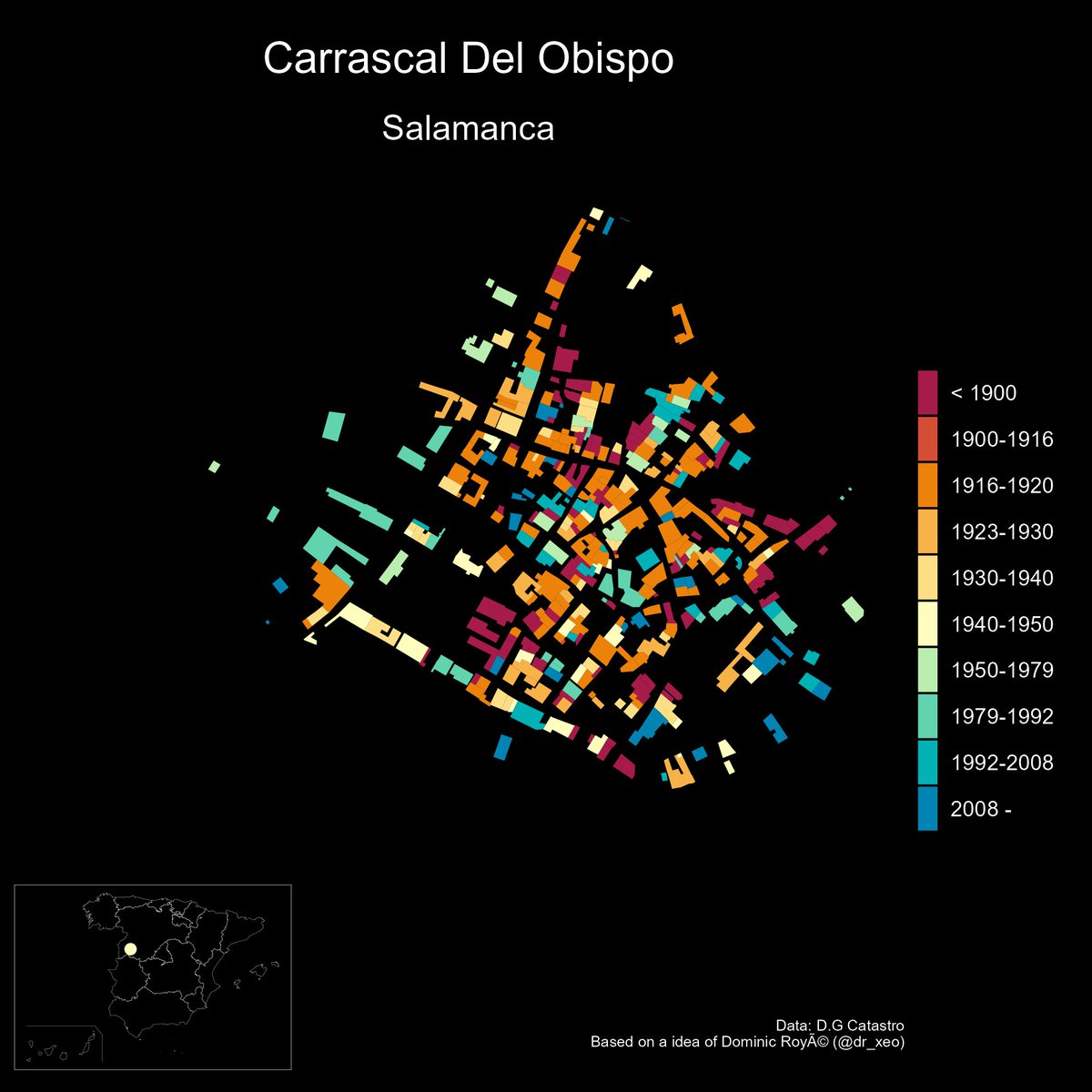 spainmunic's tweet photo. Carrascal Del Obispo (37088), Salamanca, Castilla y León - 40° 45' 48.36" N / 5° 59' 59" W #spainmunic37088  #Salamanca  Done in #rstats using #ggplot2, #CatastRo, #rspatial, #mapSpain and #rtweet https://t.co/pnPQWmRpuc
