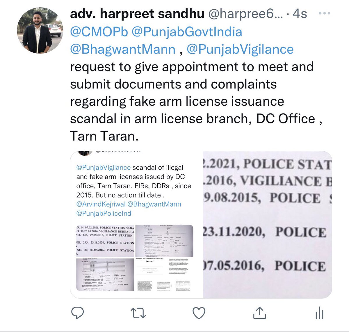 harpree66028443's tweet photo. @CMOPb @BhagwantMann  @PunjabVigilance @DGPPunjabPolice  please do need ful regarding fake arm license scam in DC Office , Tarn Taran and suspend culprits. https://t.co/JgWjBD3ECM