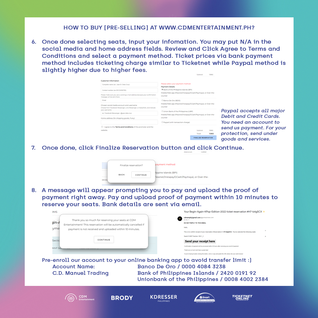 cdmentph's tweet photo. As promised, here's the step-by-step guide on how to purchase tickets at the pre-selling.

Site: https://t.co/abl9yK09N6

If you have questions, be sure to read our FAQs here: (https://t.co/IuDYk3rW8W)

#BeginAgain_KPOP https://t.co/ghuNdktV5w