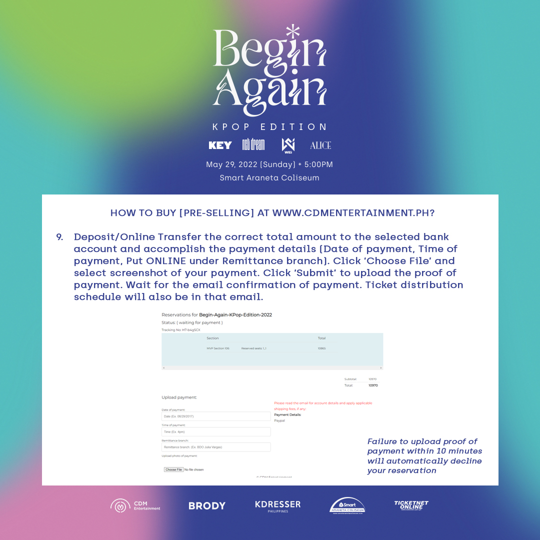cdmentph's tweet photo. As promised, here's the step-by-step guide on how to purchase tickets at the pre-selling.

Site: https://t.co/abl9yK09N6

If you have questions, be sure to read our FAQs here: (https://t.co/IuDYk3rW8W)

#BeginAgain_KPOP https://t.co/ghuNdktV5w
