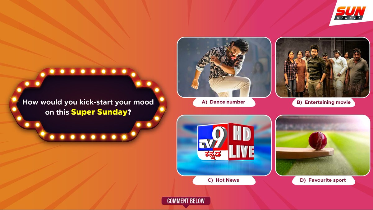 SUNDIRECTIndia's tweet photo. How would you kick-start your mood on this Super Sunday? 
 
By watching 👇
1. Dance number 
2. Entertaining movie  
3. Hot News 
4.Favourite sport 

Comment your mood below 👇 

#SunDirect #SunDTH #dthprovider #DTHrecharge #SunDirectRecharge #SuperSunday #Sunday #SundayFunday https://t.co/WjJK5LhtBA