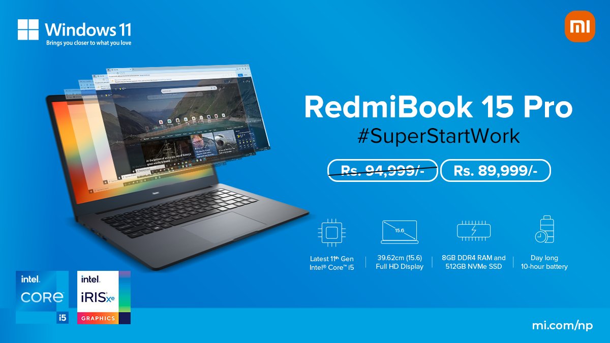 XiaomiNepal's tweet photo. #RedmiBook15Pro allows for an easy single-finger open allowing you to multitask without hassles.
Available at all Xiaomi authorized stores across Nepal.
#XiaomiNepal #SuperStartWork https://t.co/YJpeTuq6Wv