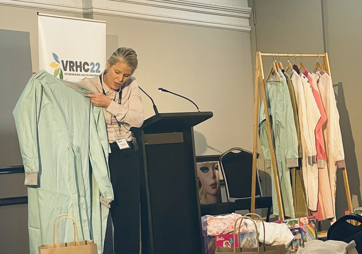petalac71's tweet photo. Closing plenary at #VRHC22 @DrKirbyWhite #GownsforDoctors inspiring not just supporting GPs in COVID but reducing clinical waste. @RuralDocsVIC https://t.co/XEPQWr48lE