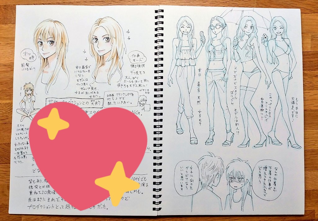 新しい章や新作を描くときはこんな感じでまとめてキャラ表をスケブに描いてます。
これやってる時が1番楽しいかも。 