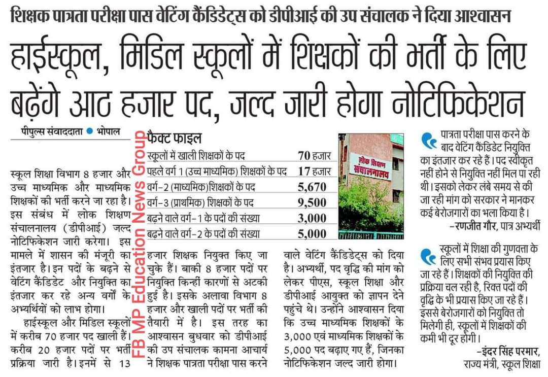 स्कूल शिक्षा विभाग उच्च माध्यमिक शिक्षक के 3000 एवं माध्यमिक शिक्षक के 5000 पदों का रोस्टर जारी करते हुए द्वितीय चरण पूर्ण करते हूए स्थायी शिक्षकों की भर्ती जल्द से जल्द पूर्ण कीजिए | 
<a href="/PMOIndia/">PMO India</a> 
<a href="/ChouhanShivraj/">Shivraj Singh Chouhan</a> 
<a href="/BJP4MP/">BJP Madhya Pradesh</a> 
<a href="/Indersinghsjp/">इन्दरसिंह परमार</a> 
<a href="/GovernorMP/">Governor of Madhya Pradesh</a> <a href="/schooledump/">School Education Department, MP</a> 
<a href="/WelfareTribal/">Tribal Welfare Department, MP</a>