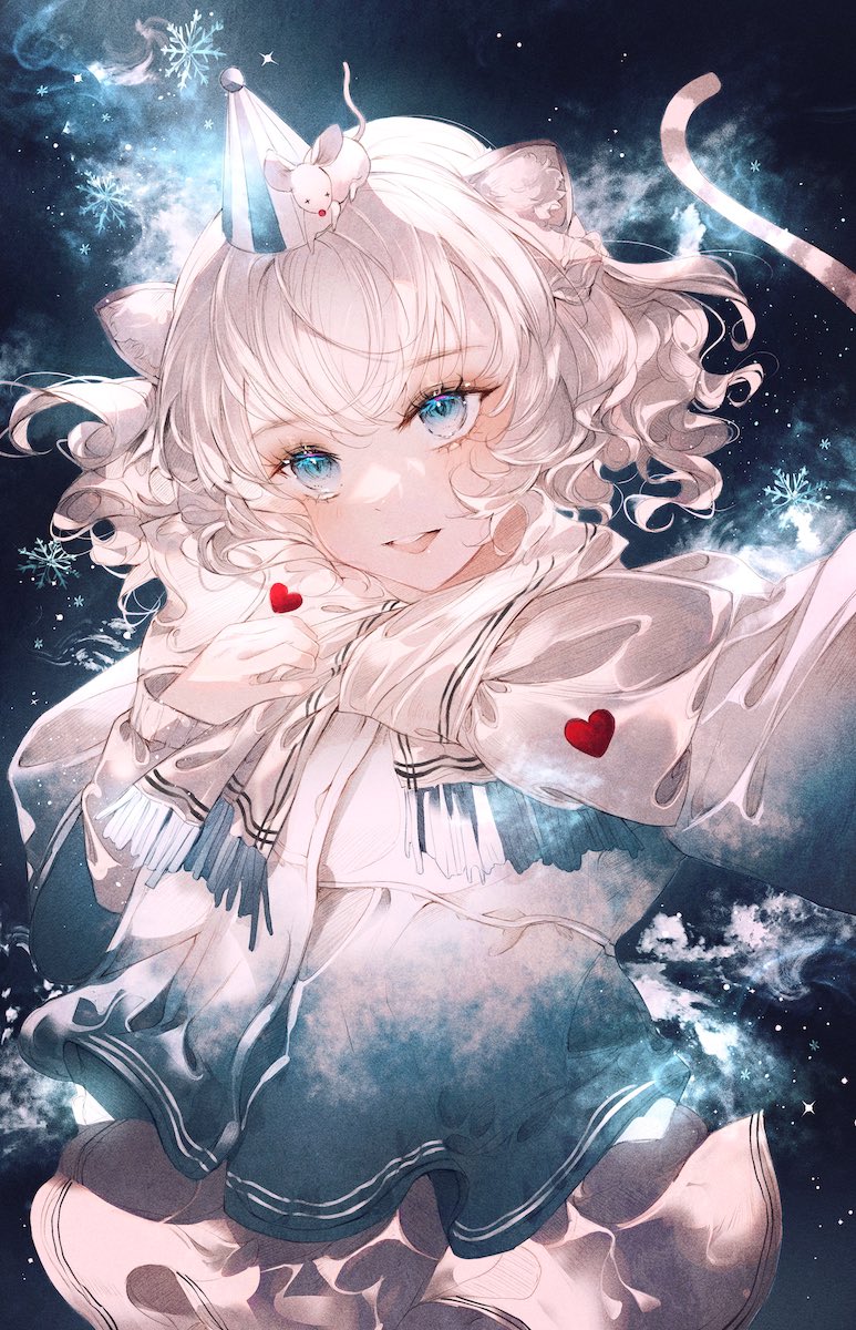 1girl blue eyes animal ears white hair solo tail snowflakes  illustration images
