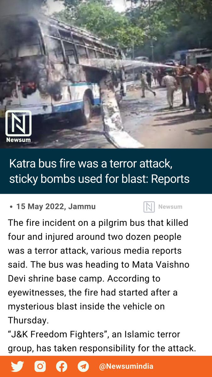RT @Newsumindia: Katra bus fire was a terror attack, sticky bombs used for blast: Reports https://t.co/A5KbFy4J0S