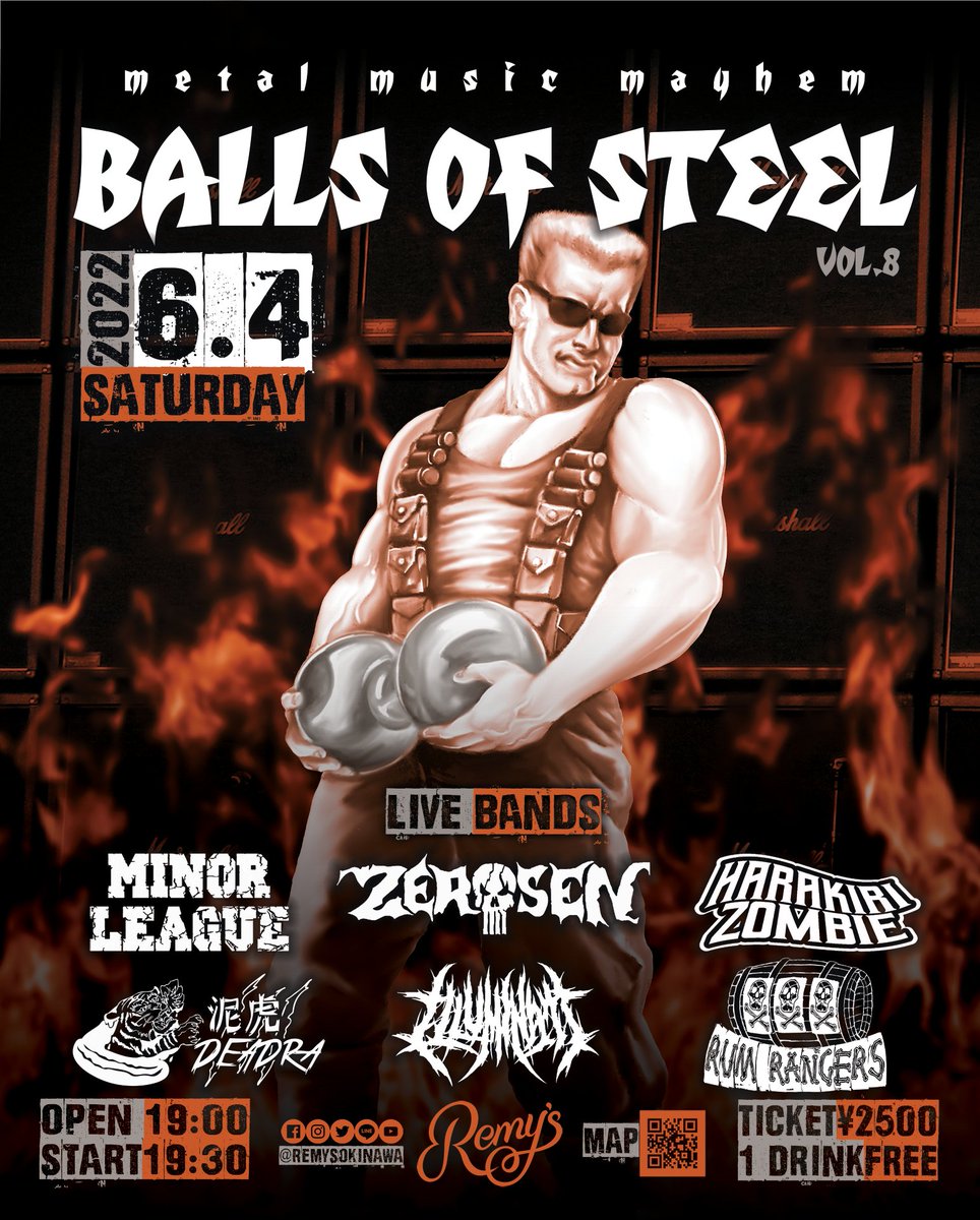 【⚠️マイナーリーグ沖縄行きます！⚠️】
まさかの2DAYS!!
前回の暴動再び…!?

いやー、楽しみ!!

BALLS OF STEEL vol.8
2022.6.4(SAT)
沖縄市コザREMY'S 
OPEN 19:00/START 19:30 

Minor League
Zero Sen
Illuminati
Harakiri Zombie
Rum Rangers
泥虎-DEADRA-
TICKET 
ENTRY 2500 yen (1 Drink Free)