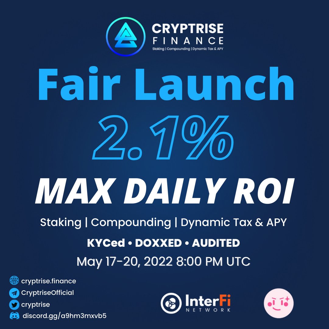 cryptrise's tweet photo. Good day @Cryptrise Fam.
CryptRise Finance is an Auto staking and Auto compounding protocol implementing Dynamic Tax, Dynamic APY and Firepit (Autoburn) to have a most sustainable protocol in BSC.

Join us here: https://t.co/fIe72yINNZ

#Staking #Compounding #BSC #Fairlaunch https://t.co/XnqhLr4Y1J