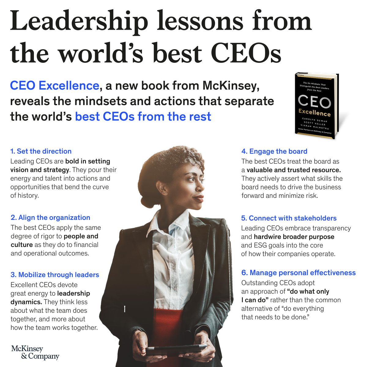 McKinsey's tweet photo. Set the direction 📍
Align the organization 🤝
Mobilize through leaders 👥
Engage the board 🔊
Connect with stakeholders 🔗
Manage personal effectiveness 📝

These #CEO actions separate the best from the rest. Learn more in #CEOExcellenceBook ➡️ https://t.co/T2pI8QJsYt https://t.co/ex8xRnl4T3