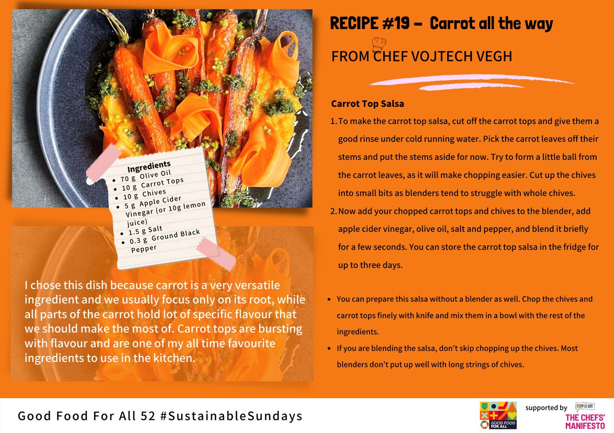 paulnewnham's tweet photo. Carrot All The Way🥕

Today's #GoodFood4All – #SustainableSundays recipe is by👨‍🍳Chef Vojtech Vegh: “Carrot tops are bursting with flavour and are one of my all time favourite ingredients.”

Give it a go!👇#chefaction #ChefsManifesto https://t.co/KZ98Qt8CBN