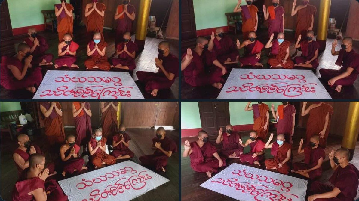 Thi604's tweet photo. Monks from Sangha Union of Mandalay demand for an immediate end to all of Burma's suffering. They also performed sermons &amp; prayed for federal democracy's development. 

JUNTA MASSACRE #2022May15Coup #WhatsHappeningInMyanmar https://t.co/f05cFA0wCq